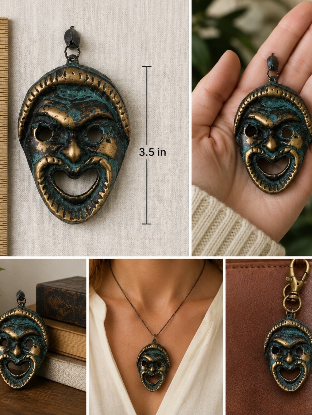 Vintage Brass Comedy Theater Mask Pendant/Decor|Verdigris Patina | Greek Drama